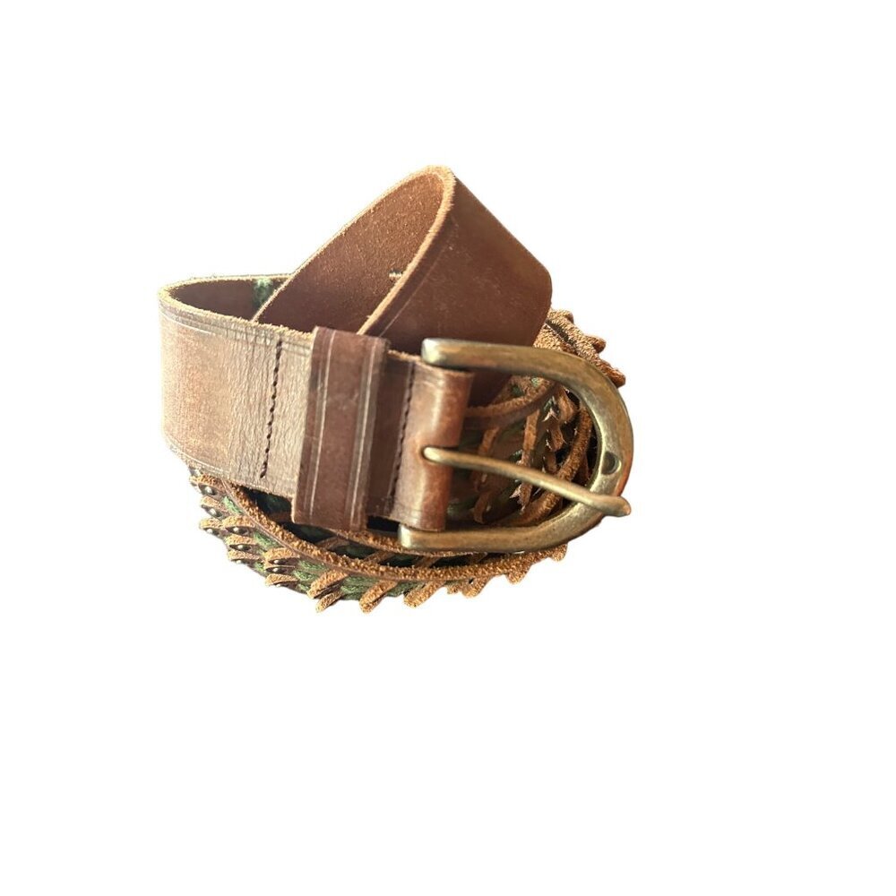 J.Crew Genuine Leather Brown Belt With Brass Buckle & Unique‎ Studded Design